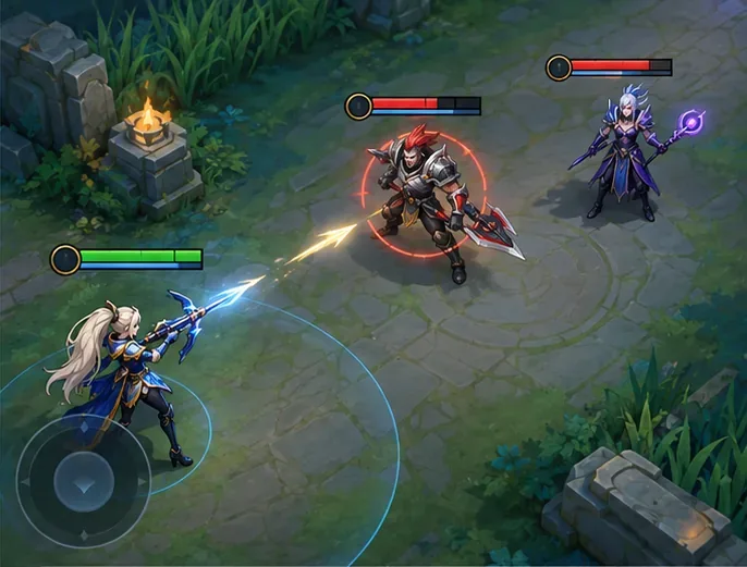 A ranged hero facing two enemy heroes, with a selection ring around the closer opponent to represent nearest-unit targeting