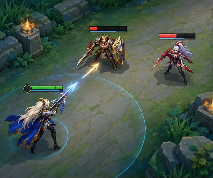 A mobile MOBA scene with two enemy heroes showing different remaining health bars to illustrate how raw HP and health percentage can favor different targets