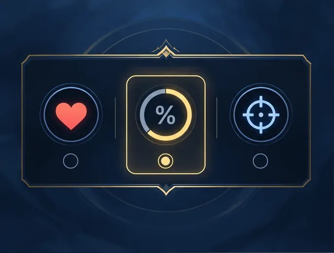 A conceptual mobile game settings card with heart, percentage, and crosshair icons representing health-based and distance-based target priorities