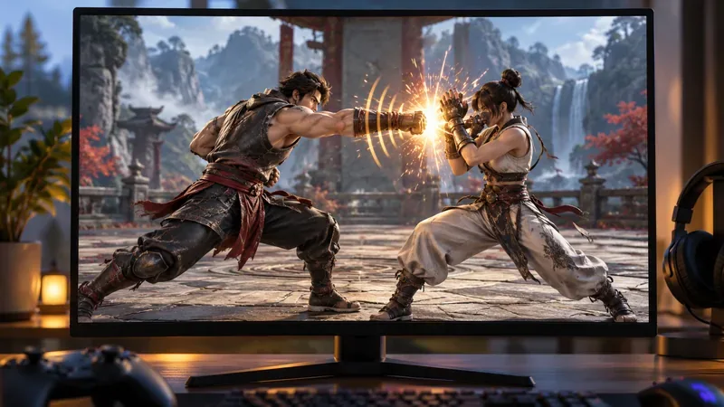 Op een monitor is een standaard vechtspel te zien, waarbij een vechter de verdediging van zijn tegenstander aanvalt, met een headset naast het scherm.