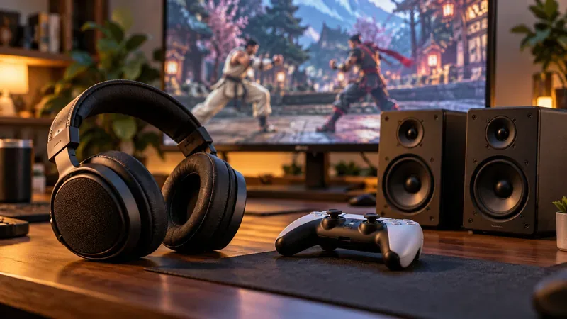Een koptelefoon, desktopluidsprekers en een controller staan ​​voor een monitor waarop een wazig, generiek vechtspel te zien is.