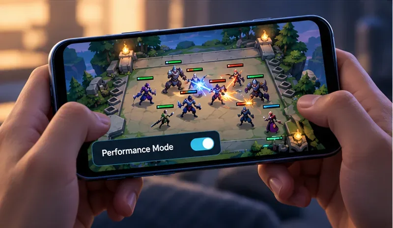 Illustrative phone held in landscape orientation with an auto-battler board and a clearly labeled Performance Mode toggle.