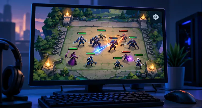 Illustrative desktop monitor showing an auto-battler fight with visible unit silhouettes, health bars, and a settings gear.
