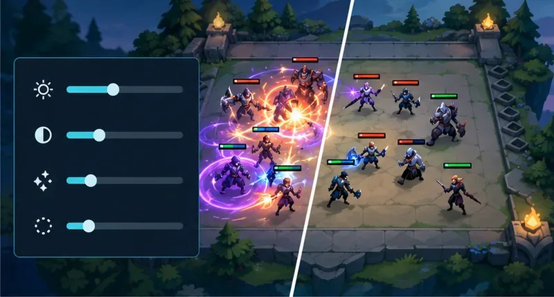 Illustrative graphics panel with simple sliders beside a combat board shown with heavy spell effects and a clearer, lower-effect view.