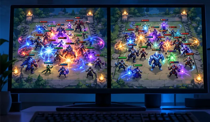 Illustrative monitor showing two crowded auto-battler combat scenes with many units, spell effects, and readable health bars.