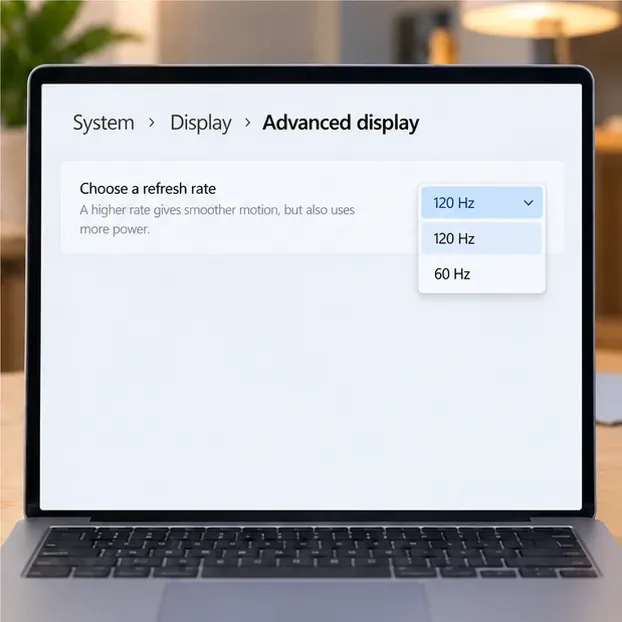 Illustrative Windows Advanced display page with a refresh-rate selector offering example 120 Hz and 60 Hz choices