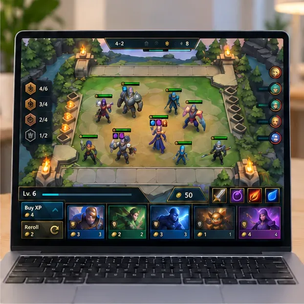 Illustrative auto-battler board on a laptop with shop cards and item icons visible