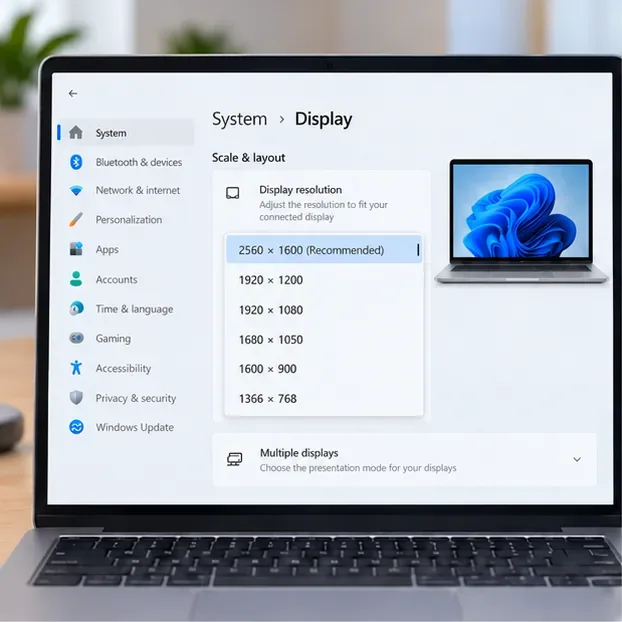Windows Display settings mockup showing 2560 × 1600 marked Recommended for a laptop screen