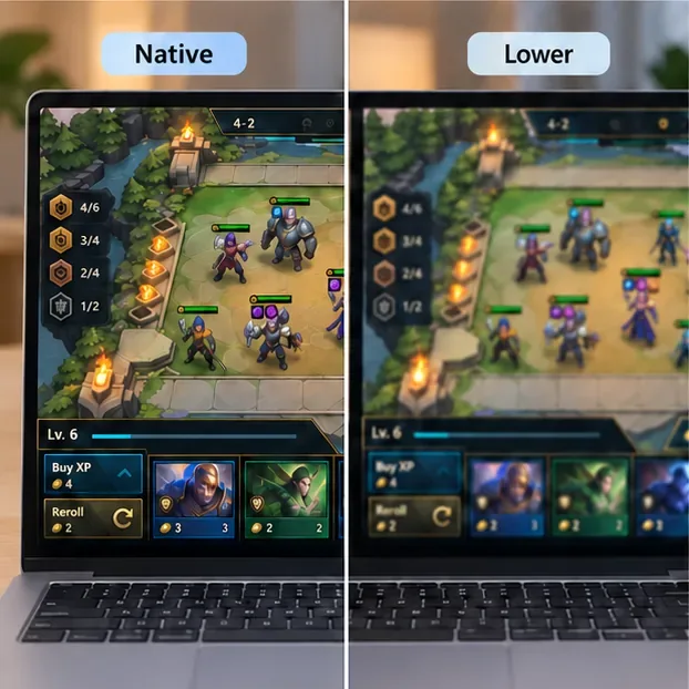 Laptop screen comparison showing a crisp Native game image beside a softer Lower-resolution image