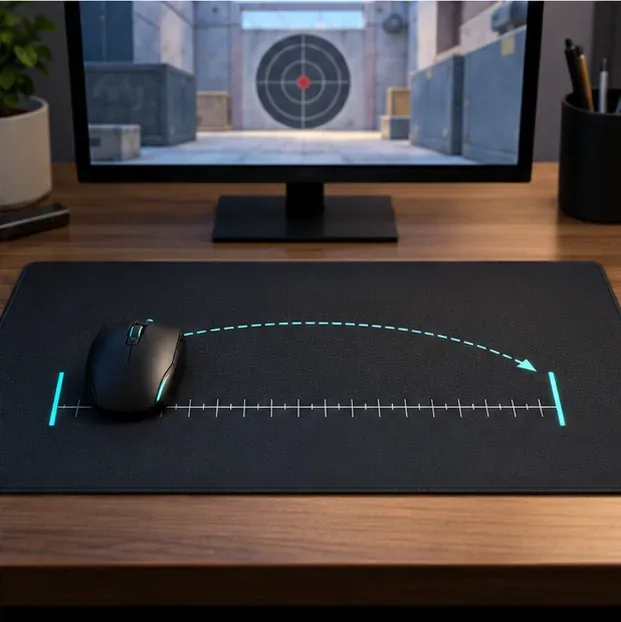 Gamingmuis op een gemarkeerde muismat waarop de gemeten bewegingsafstand voor een volledige draai is weergegeven.