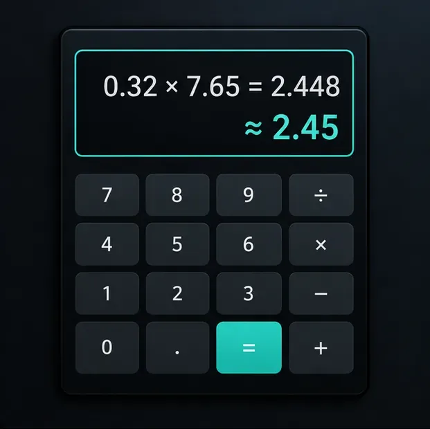 Op het scherm van de rekenmachine staat 0,32 maal 7,65 is gelijk aan 2,448, afgerond op ongeveer 2,45.