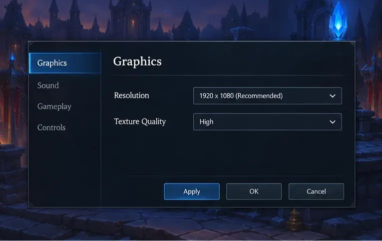 Grafisch paneel voor fantasy MOBA-games met zichtbare instellingen voor resolutie en textuurkwaliteit.