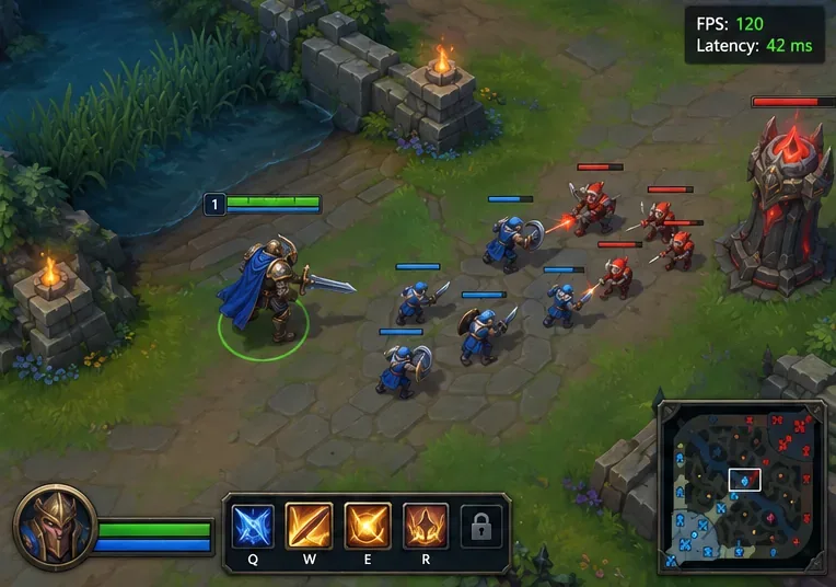 Illustratieve fantasie-MOBA-lane-scène met een FPS- en latency-overlay in de rechterbovenhoek.