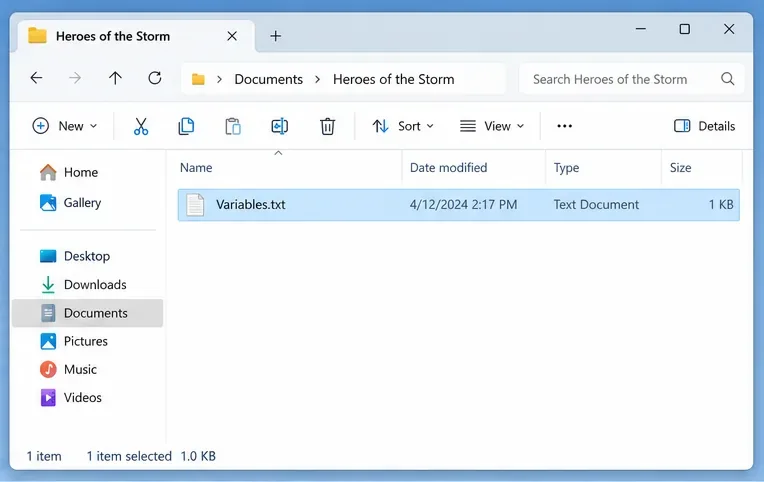 Illustratie van Verkenner met de geselecteerde bestanden Documenten, Heroes of the Storm en Variables.txt