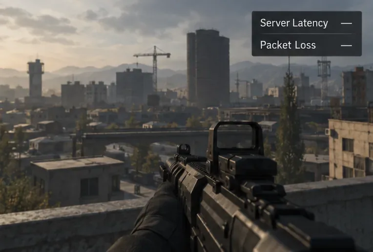 Illustrative Warzone-style gameplay view with a HUD overlay for Server Latency and Packet Loss