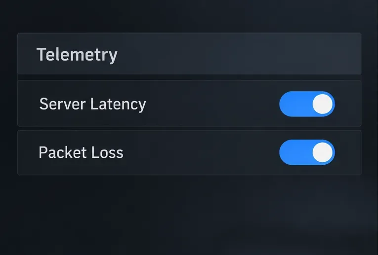 Telemetry section illustration with Server Latency and Packet Loss toggles enabled