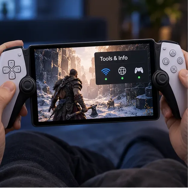 หน้าจอ PlayStation Portal Remote Play พร้อมแผงเครื่องมือและข้อมูล และไอคอนแสดงสถานะการเชื่อมต่อ