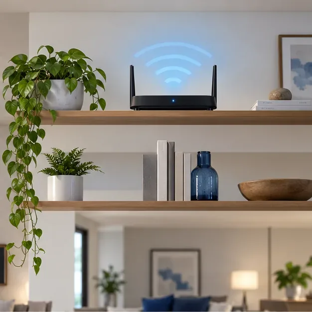 เราเตอร์ Wi-Fi ในบ้านวางอยู่บนชั้นวางแบบเปิดโล่งและยกสูง โดยมีพื้นที่ว่างรอบๆ อย่างชัดเจน