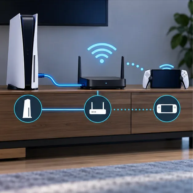 เครื่อง PS5 เชื่อมต่อกับเราเตอร์ผ่านสาย Ethernet ในขณะที่ PlayStation Portal เชื่อมต่อกับเราเตอร์เดียวกันผ่าน Wi-Fi