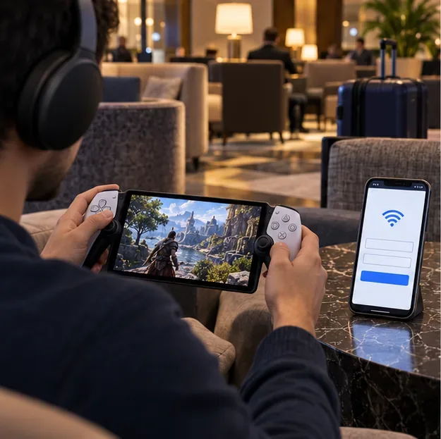 นักเล่นเกมคนหนึ่งกำลังใช้ PlayStation Portal ในห้องรับรองของโรงแรม โดยมีโทรศัพท์เครื่องหนึ่งแสดงหน้าจอเข้าสู่ระบบ Wi-Fi ทั่วไปอยู่ข้างๆ