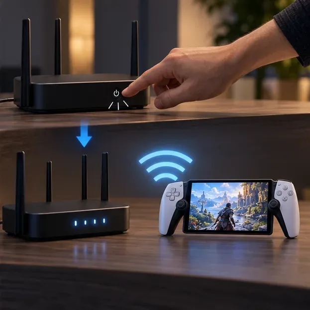 ภาพมือที่กำลังรีสตาร์ทเราเตอร์ Wi-Fi ในบ้าน ตามด้วยการเชื่อมต่อไร้สายที่เสถียรกับ PlayStation Portal