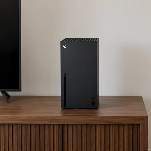 เครื่อง Xbox Series X ตั้งตรงอยู่บนโต๊ะวางเครื่องเล่นมีเดีย โดยช่องระบายอากาศด้านบนไม่มีสิ่งกีดขวาง และมีพื้นที่โล่งอยู่ด้านบน