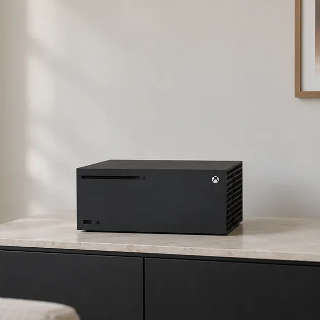 เครื่อง Xbox Series X วางนอนราบอยู่บนพื้นผิวแข็ง โดยที่ช่องระบายอากาศด้านข้างที่เป็นรูพรุนไม่มีสิ่งกีดขวาง
