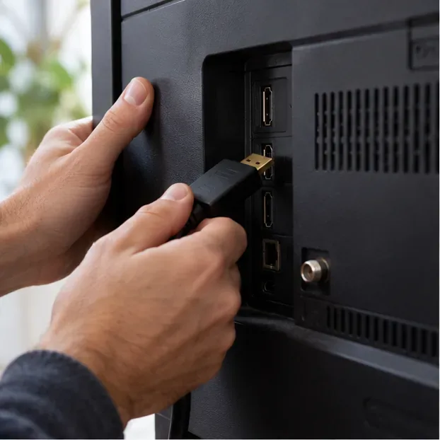มือข้างหนึ่งกำลังเสียบสาย HDMI เข้ากับพอร์ตของโทรทัศน์อีกครั้ง