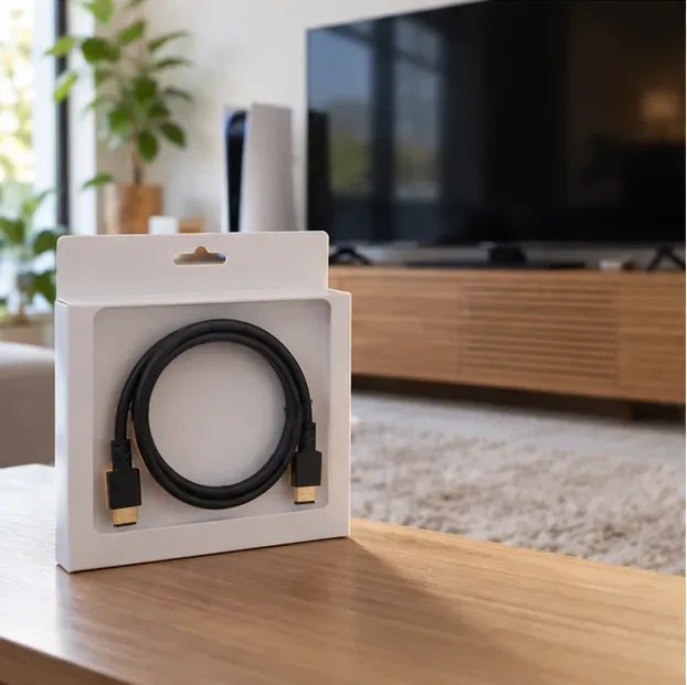 สาย HDMI วางอยู่ข้างโทรทัศน์และเครื่องเล่นเกม