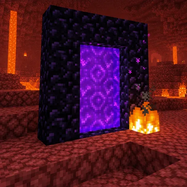A tall obsidian frame holds a glowing purple Nether portal in a red-lit cavern, with a flame beside it.