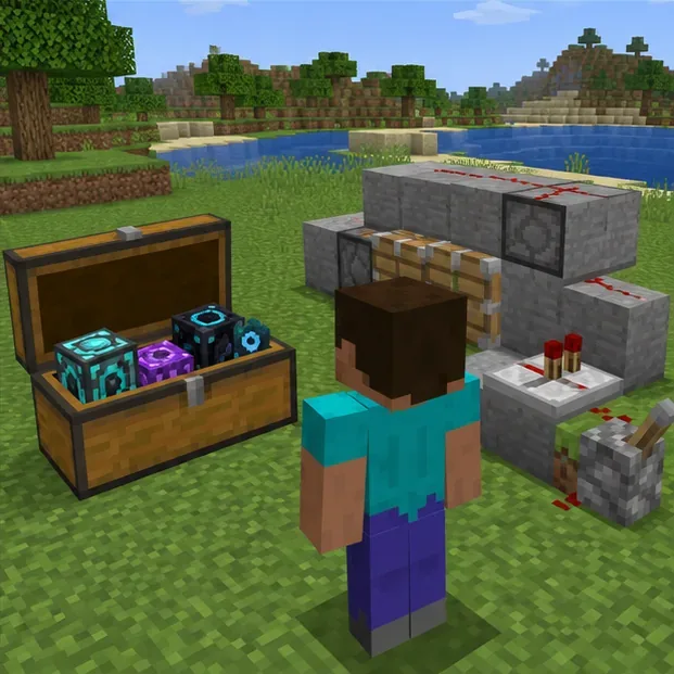 A player stands beside a small redstone mechanism and an open chest in a quiet grassy test area.