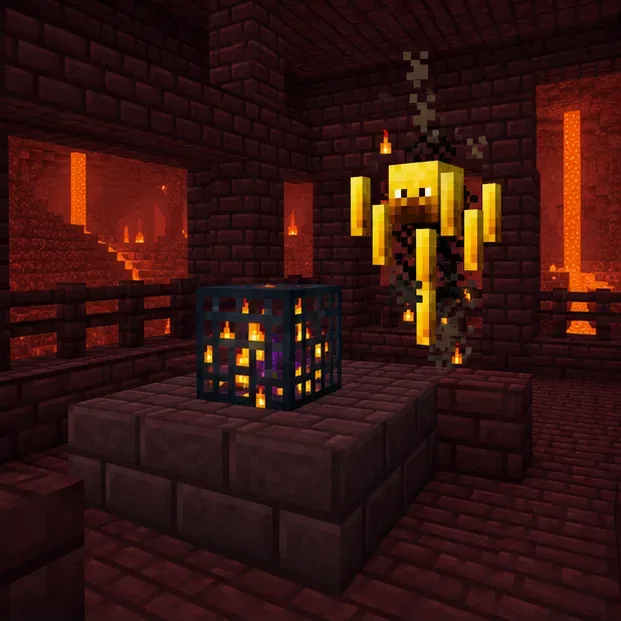 A Blaze floats beside a mob spawner in a dark Nether fortress room built from red stone bricks.