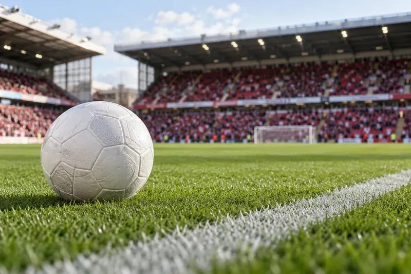 Een witte voetbal zonder logo ligt naast de zijlijn op het groene gras, met op de achtergrond wazige, roodgetinte stadionstoelen.