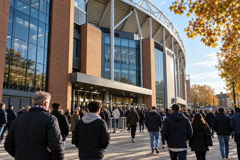 Supporters lopen in het herfstlicht richting een voetbalstadion van baksteen en glas.