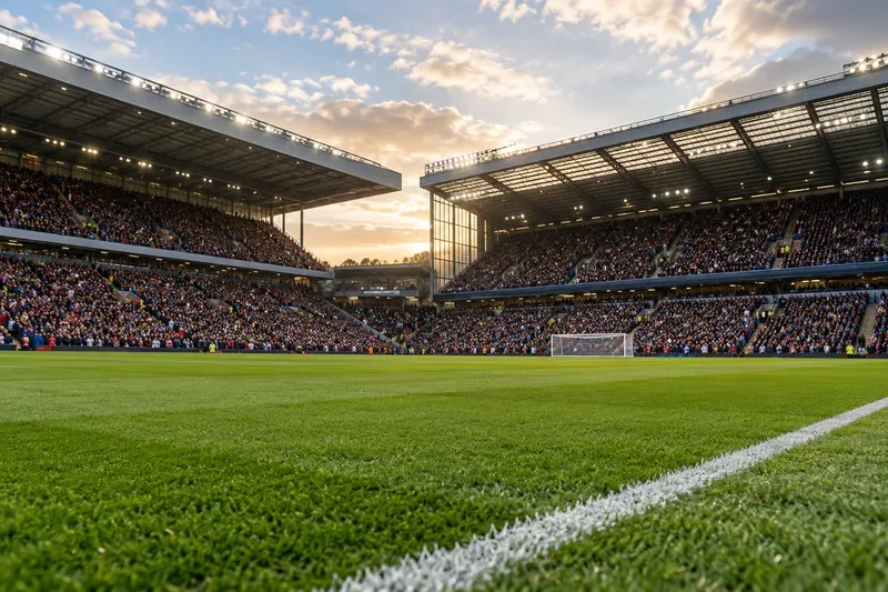 Groen voetbalveld, witte zijlijn, doel en overdekte tribunes op een voetbalveld