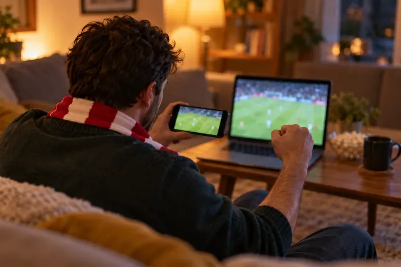 Een voetbalfan die thuis een wedstrijd volgt op zijn laptop en smartphone.