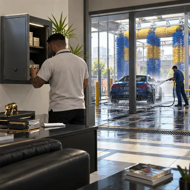 Um escritório de lavagem de carros com um cofre aberto na parede e um veículo na área de lavagem.
