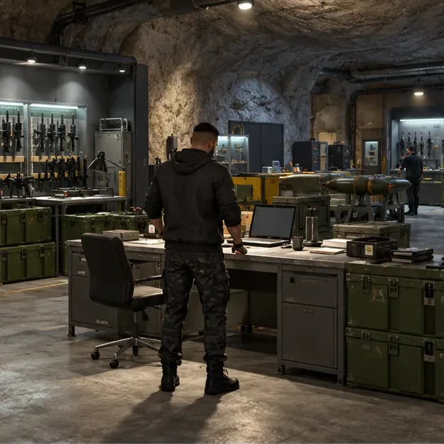Um personagem jogador em uma mesa de gerenciamento de bunker, cercado por prateleiras de armas e caixas de suprimentos.