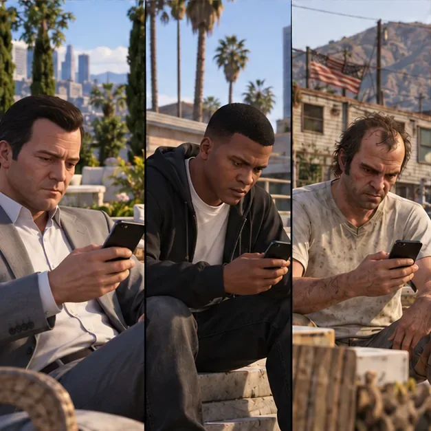 Michael, Franklin e Trevor verificam seus telefones em cenas separadas antes do investimento na Tinkle.