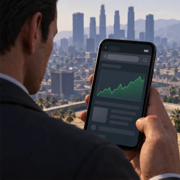 O protagonista consulta um smartphone com um gráfico abstrato de ações antes de abrir o mercado dentro do jogo.