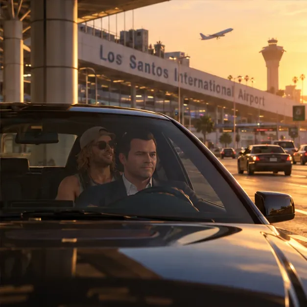 Um carro de passeio com passageiros chega ao Aeroporto Internacional de Los Santos ao pôr do sol.