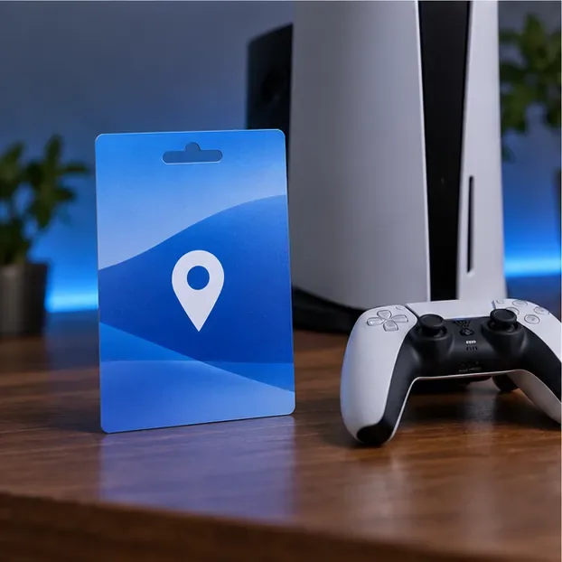 บัตรของขวัญเปล่าที่ไม่ได้ระบุภูมิภาค วางอยู่ข้างๆ จอยเกมและเครื่องเล่นเกม