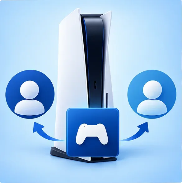 One white gaming console between two player profiles, with a downloaded game represented as shared on that console