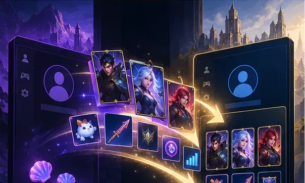 概念的な移行図では、チャンピオンカードとコスメティックコレクションカードがRiotアカウントに移動する一方、紫色のシェルトークンはGarena側に残る様子が示されている。