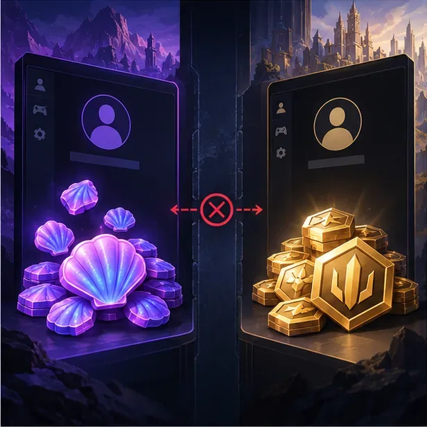 紫色のシェルトークンと金色のライオットポイントトークンは、それぞれ別のゲームアカウントパネルに配置されており、それらの間には斜線で消された接続線がある。