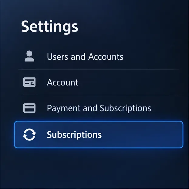 Schematic console settings menu with Subscriptions selected under Payment and Subscriptions.