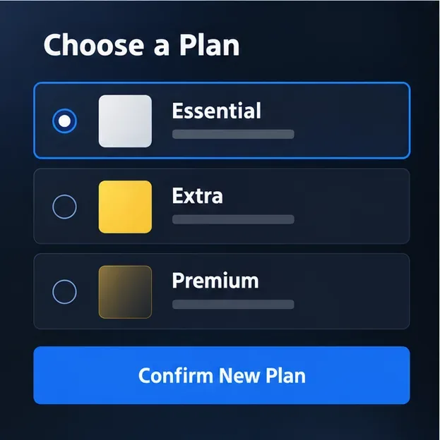Schematic plan selector with Essential highlighted above Extra and Premium, plus a Confirm New Plan button.