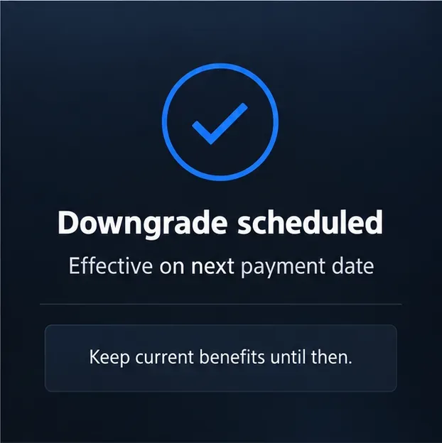Schematic confirmation screen stating that a downgrade is scheduled for the next payment date.