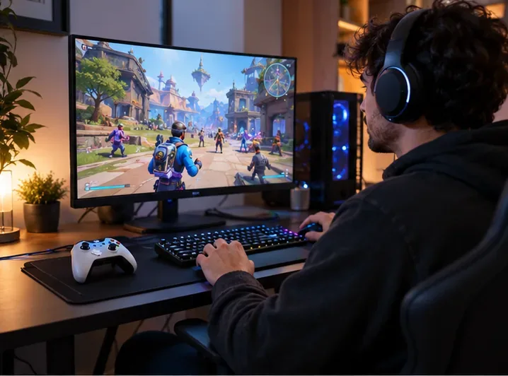 นักเล่นเกมพีซีคนหนึ่งกำลังเล่นเกมออนไลน์สีสันสดใสอยู่ที่โต๊ะ โดยมีจอยเกมวางอยู่ข้างคีย์บอร์ด