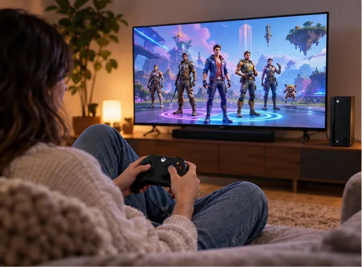 ผู้เล่นเกมคอนโซลใช้จอยควบคุม ในขณะที่เกมมัลติเพลเยอร์สีสันสดใสปรากฏขึ้นบนหน้าจอโทรทัศน์